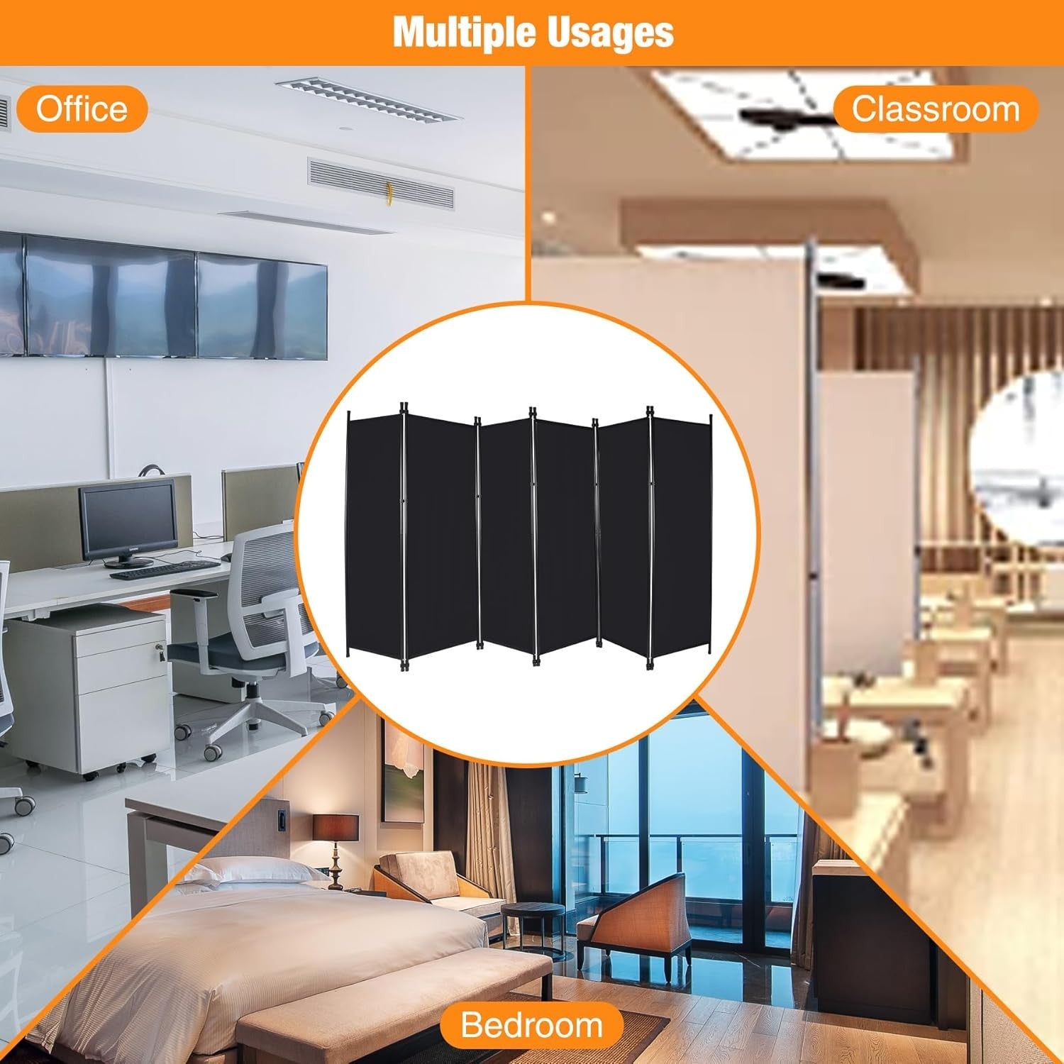 6 Panel Black Folding Room Divider Privacy Screen Partition 307x173cm