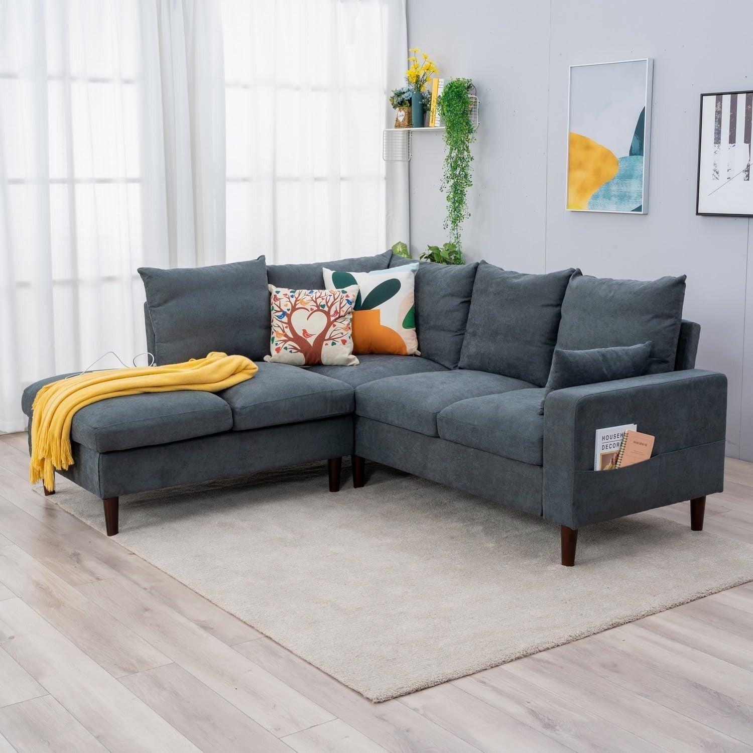 5 Seater Grey Linen Corner Sofa with USB Port Chaise L-Shape Wood Legs