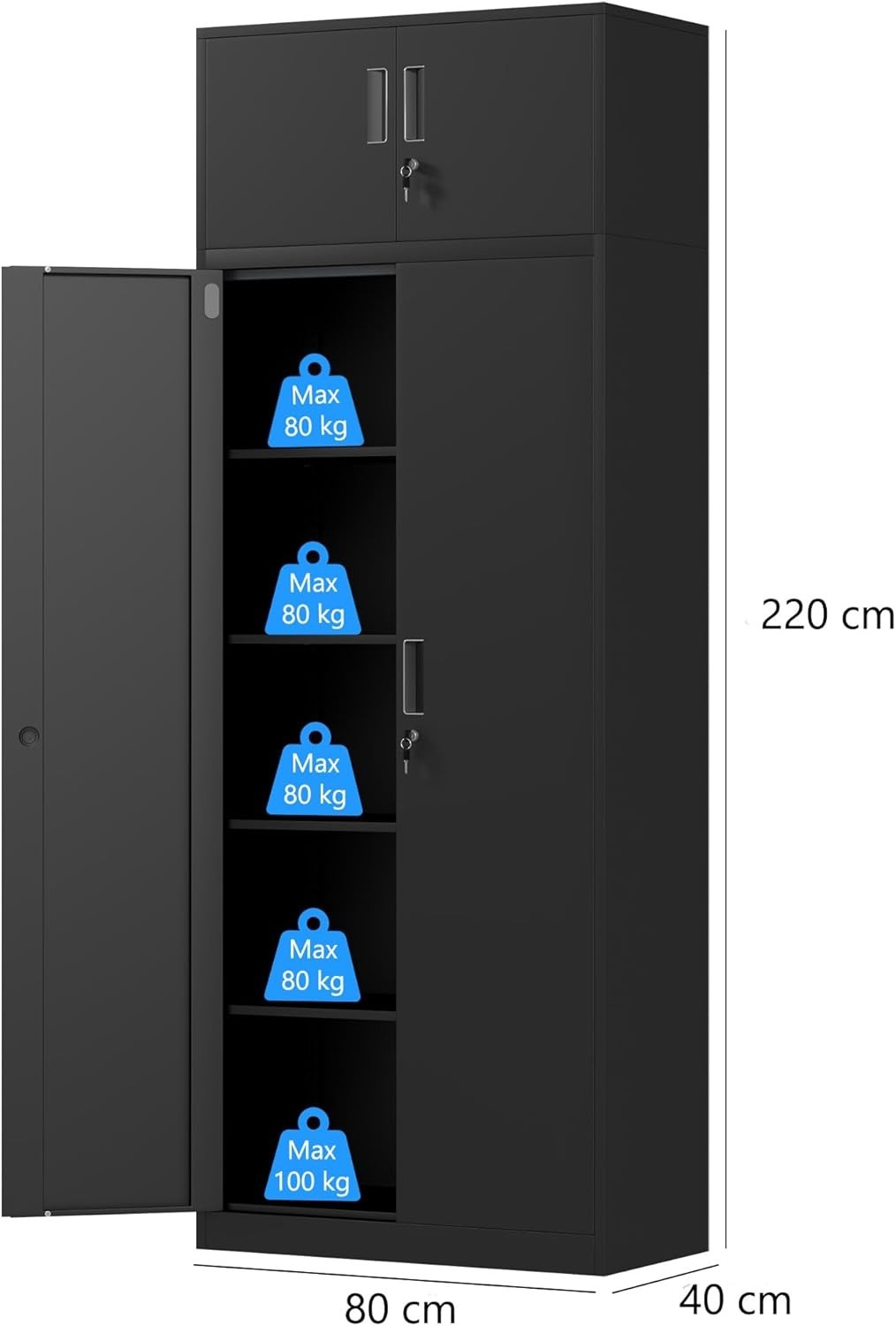 Tall Lockable Steel Storage Cabinet with Shelves, 220cm Metal Cupboard
