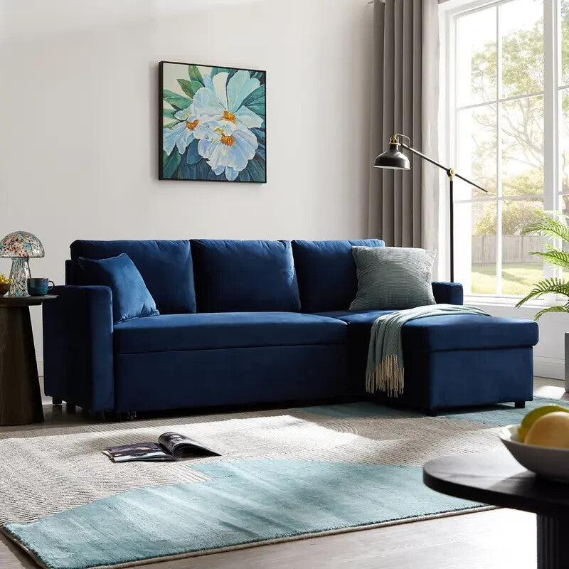 3 Seater Sofa Bed Blue Velvet | Pull Out Chaise with Storage | Reversible