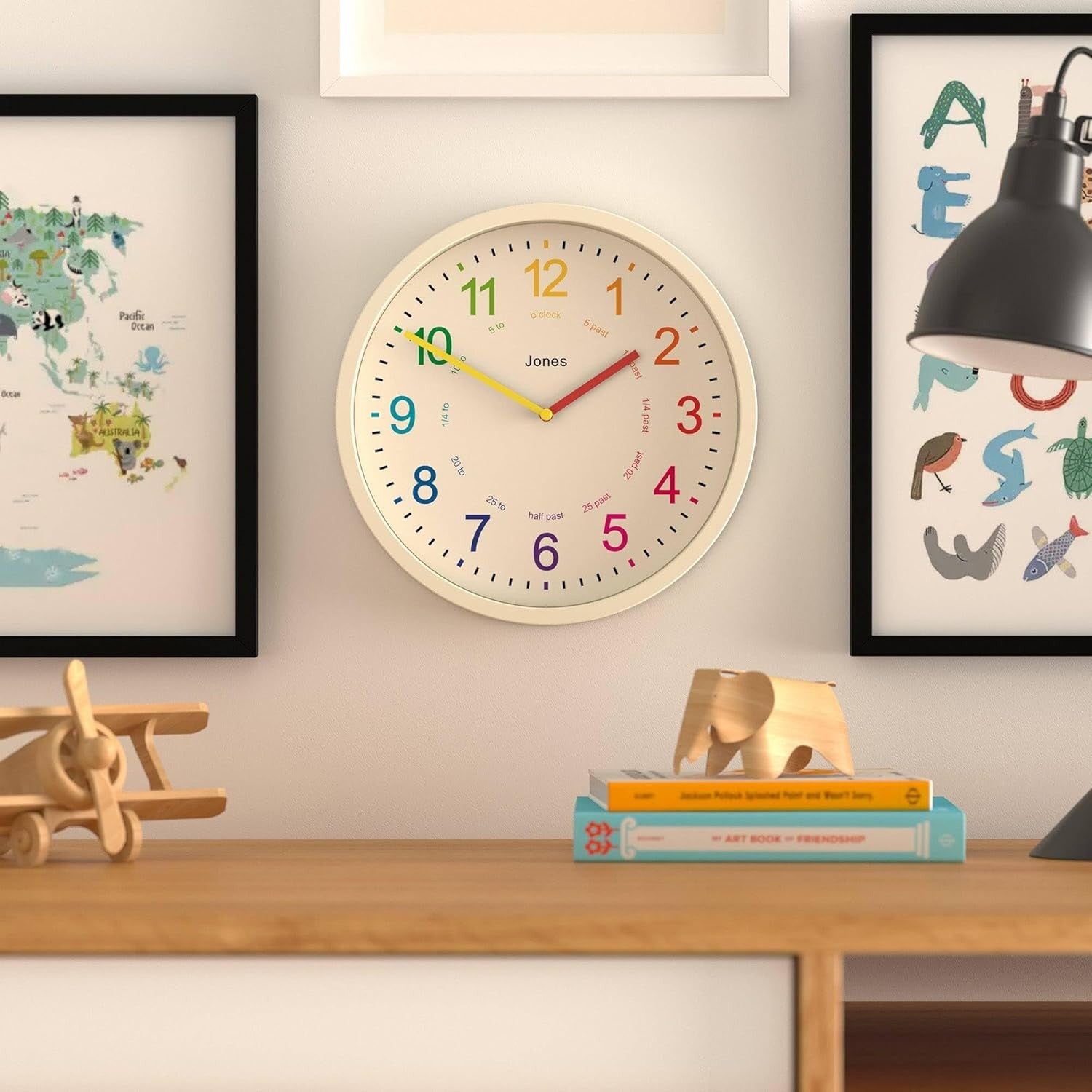 Kids Wall Clock 25cm Silent Quartz Cream Modern Colourful Number Nursery Clock
