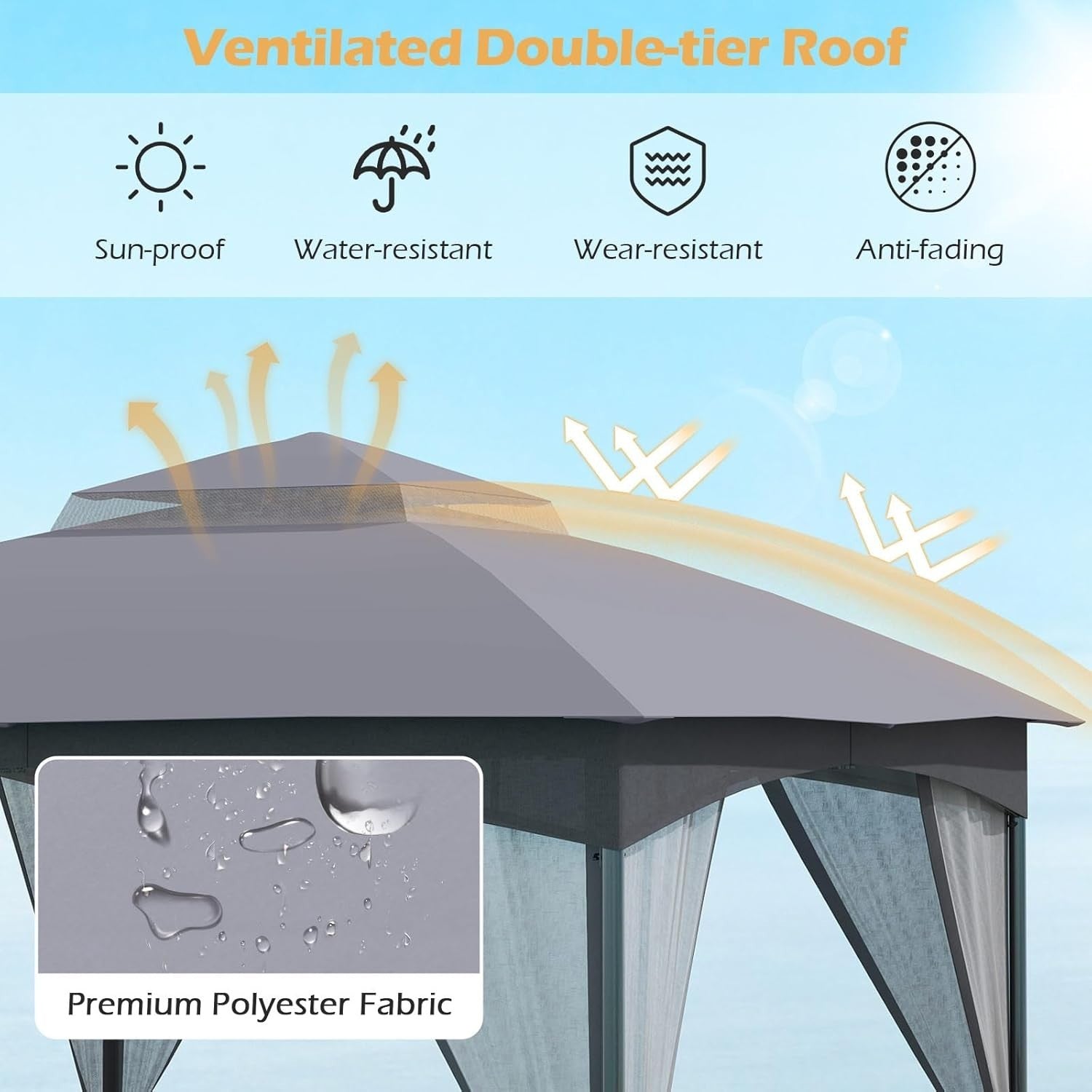 3x3M Garden Gazebo Double Roof Patio Tent With Netting & Sandbags Grey