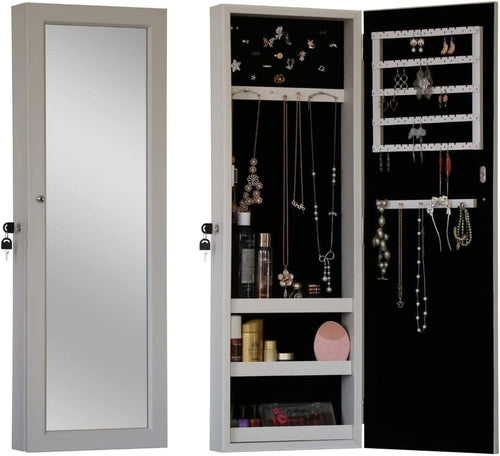 White Wall Mounted Jewelry Organizer Mirror Lockable Large Storage Armoire