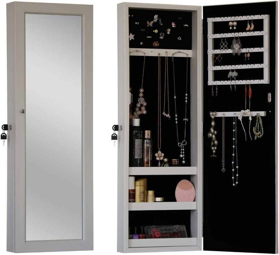 White Wall Mounted Jewelry Organizer Mirror Lockable Large Storage Armoire