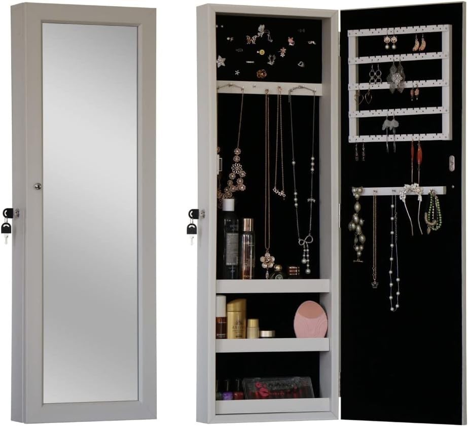 White Wall Mounted Jewelry Organizer Mirror Lockable Large Storage Armoire