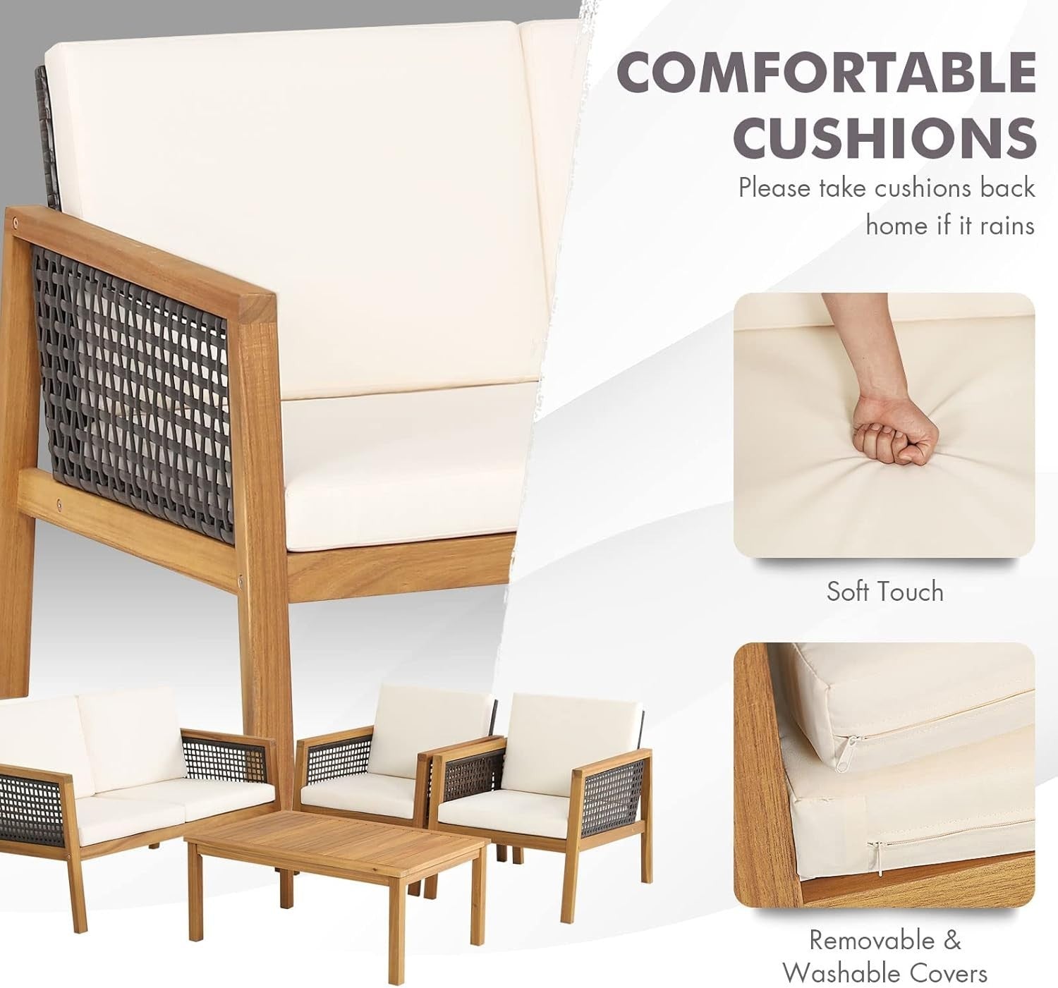 4PC Outdoor Rattan Sofa Set Wooden Patio Lounge Chairs Table Cushioned