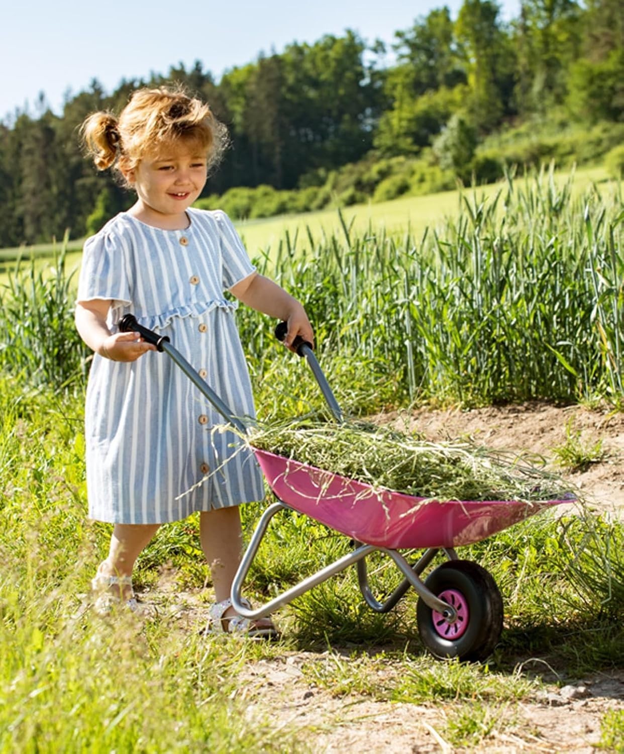 Kids Pink Metal Wheelbarrow – Plastic Handles, Tubular Tyre, Holds 25kg Load Cap