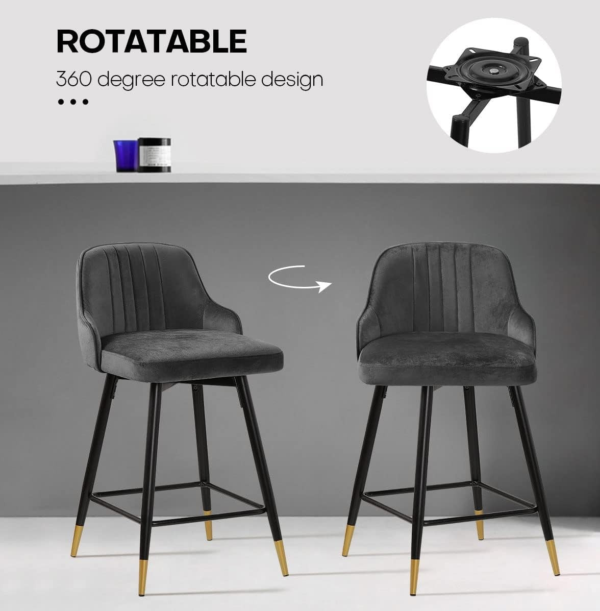 Grey Velvet Swivel Bar Stools Set of 4 – Kitchen Counter Chairs
