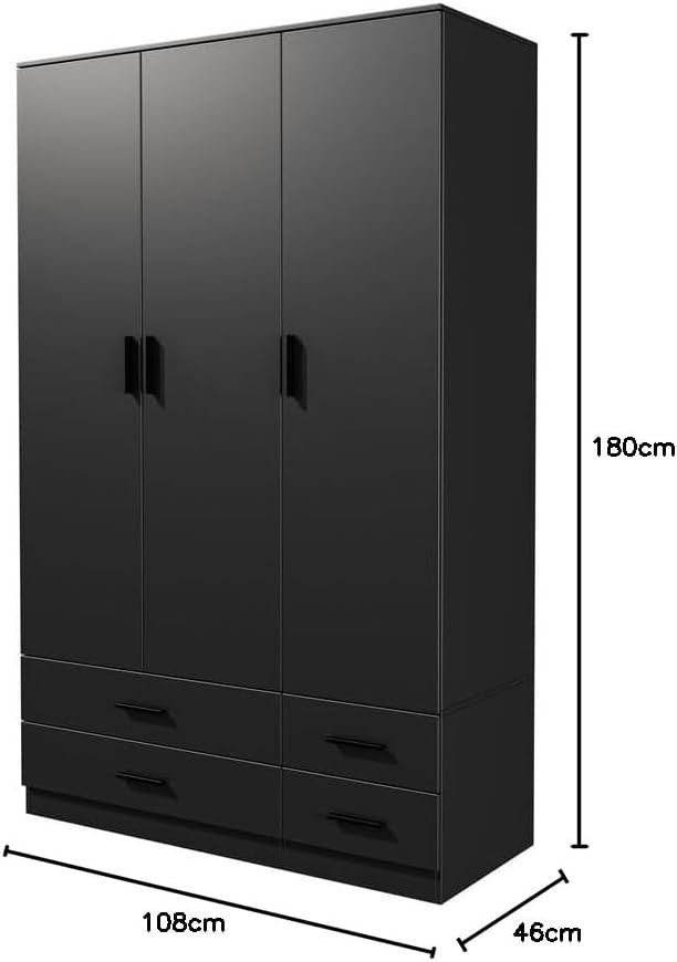 3 Door 4 Drawer Wardrobe Hanging Rail Black Bedroom Storage Organizer