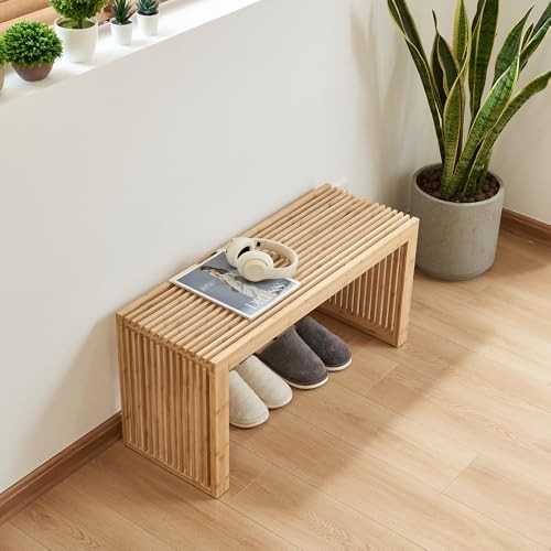 Modern Wooden Slatted Bench Indoor Seating with Storage for Home & Entryway
