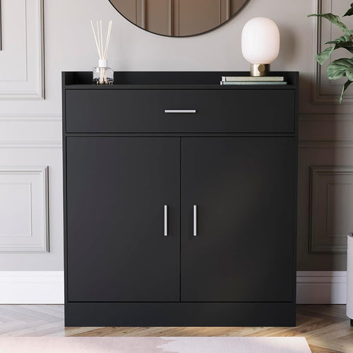 Modern Black Shoe Cabinet 2 Door 1 Drawer Cupboard Hallway Storage Unit