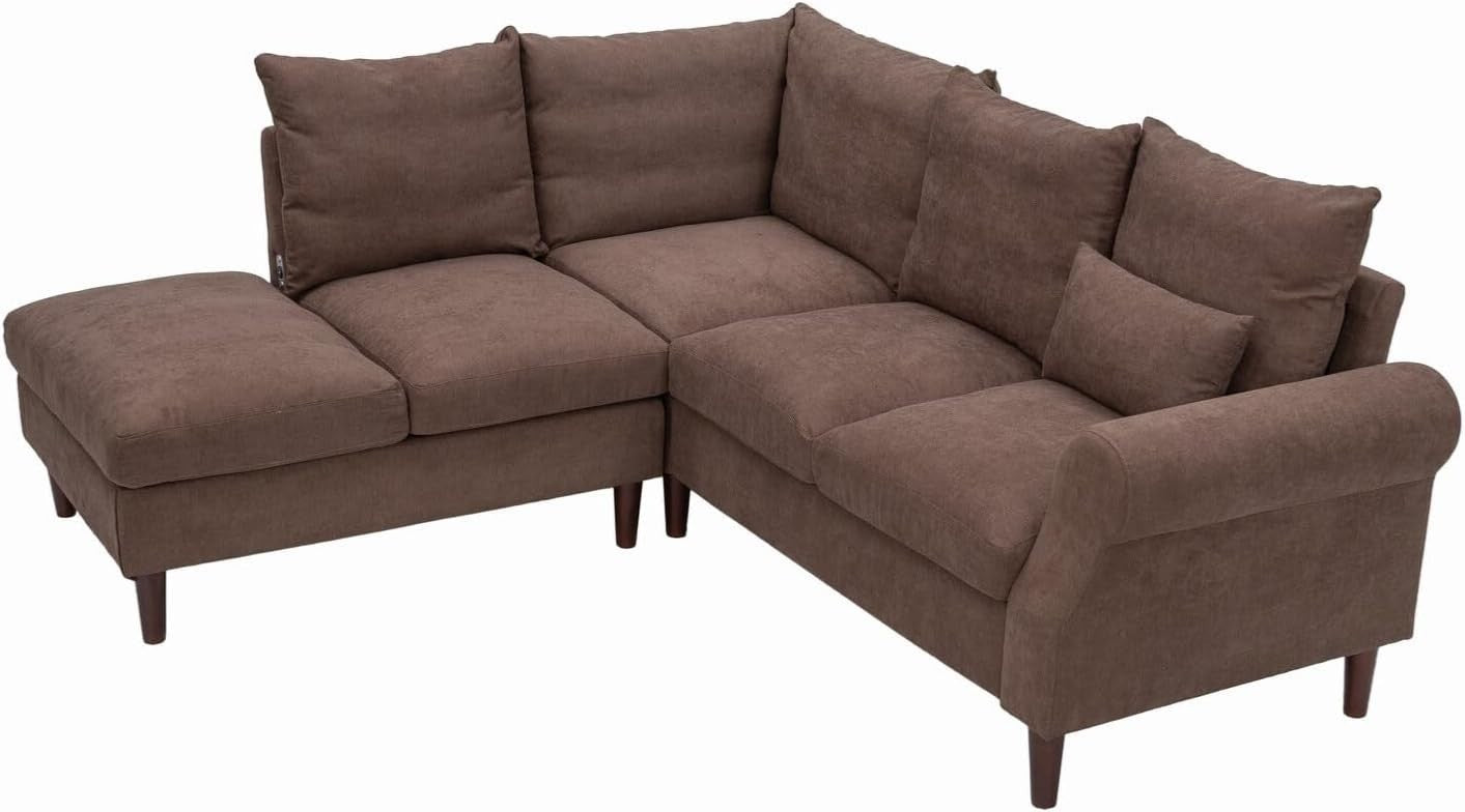 5 Seater Corner Sofa with Chaise & USB Port – Brown Linen, Space-Saving Sectiona