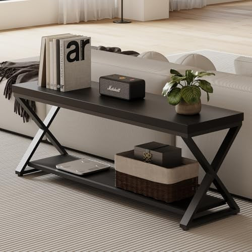 Black Oak 120cm Modern Entryway Bench with Open Storage Shelves