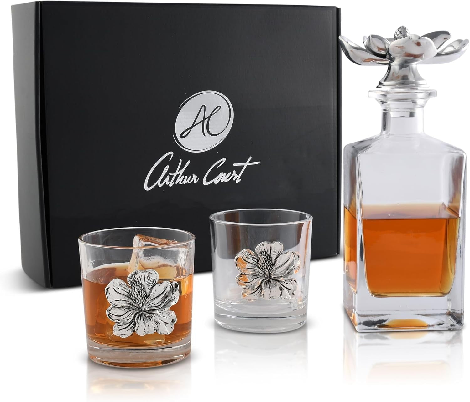 Luxury Magnolia Decanter Set 750ml with Floral Whiskey Glasses | Elegant Bar Gif