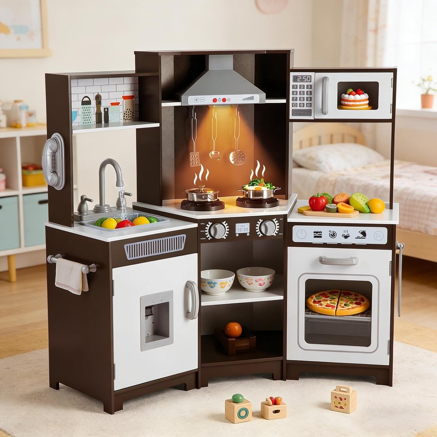 Corner Wooden Kids Play Kitchen Brown Lights Sounds Water Toy Set