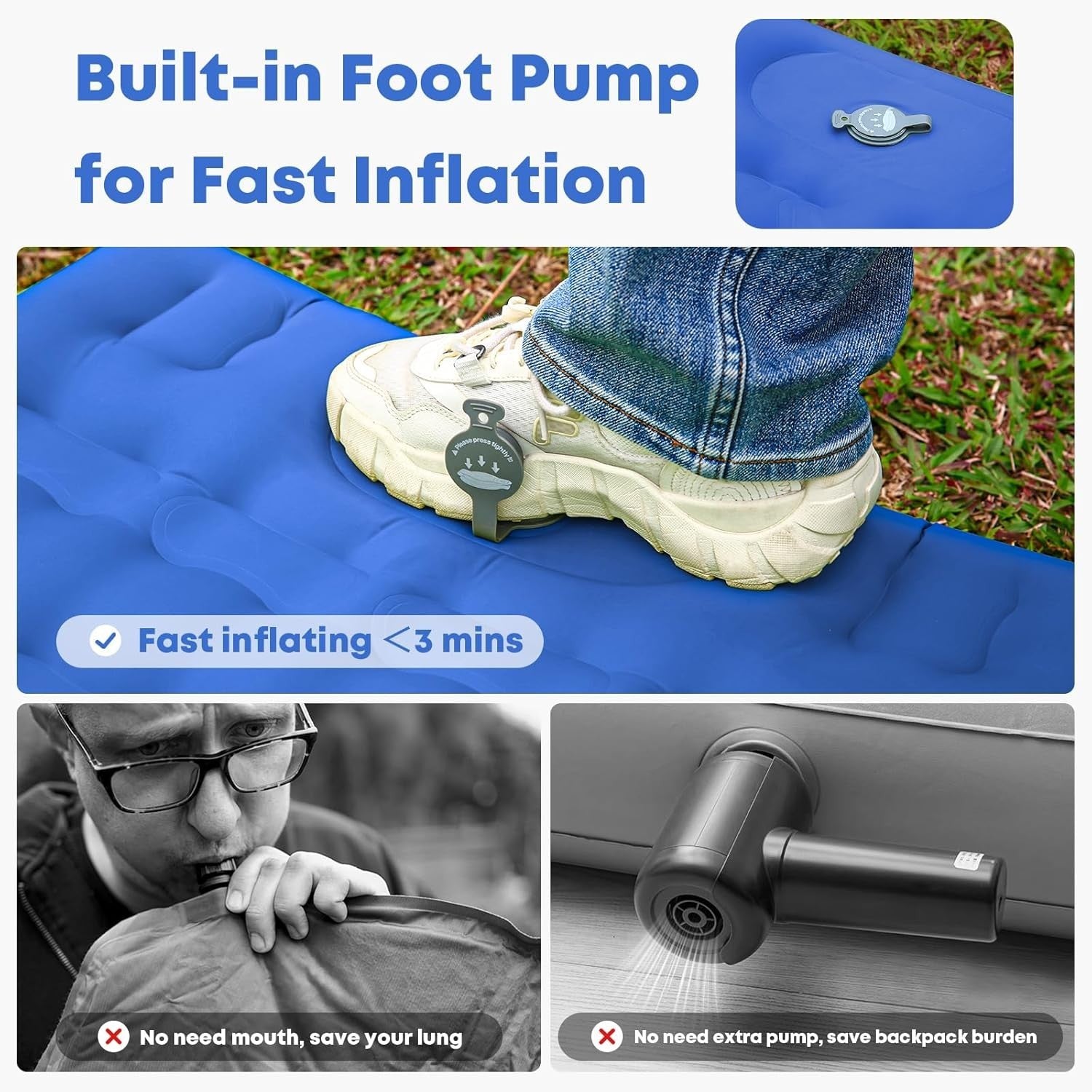 Extra Thick Camping Air Mattress 12–15cm Built-In Foot Pump Pillow Pad Blue
