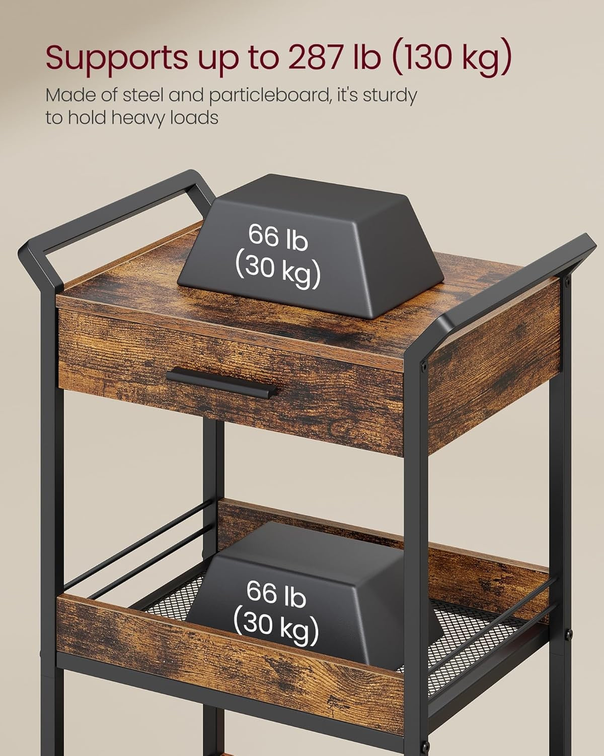 4 Tier Storage Trolley Rolling Cart with Drawer Table Top Mesh Shelves Wheels