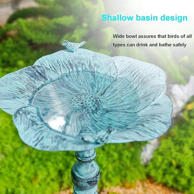 28" Antique Blue Iron Bird Bath Stand – Heavy Duty Outdoor Feeder Bowl
