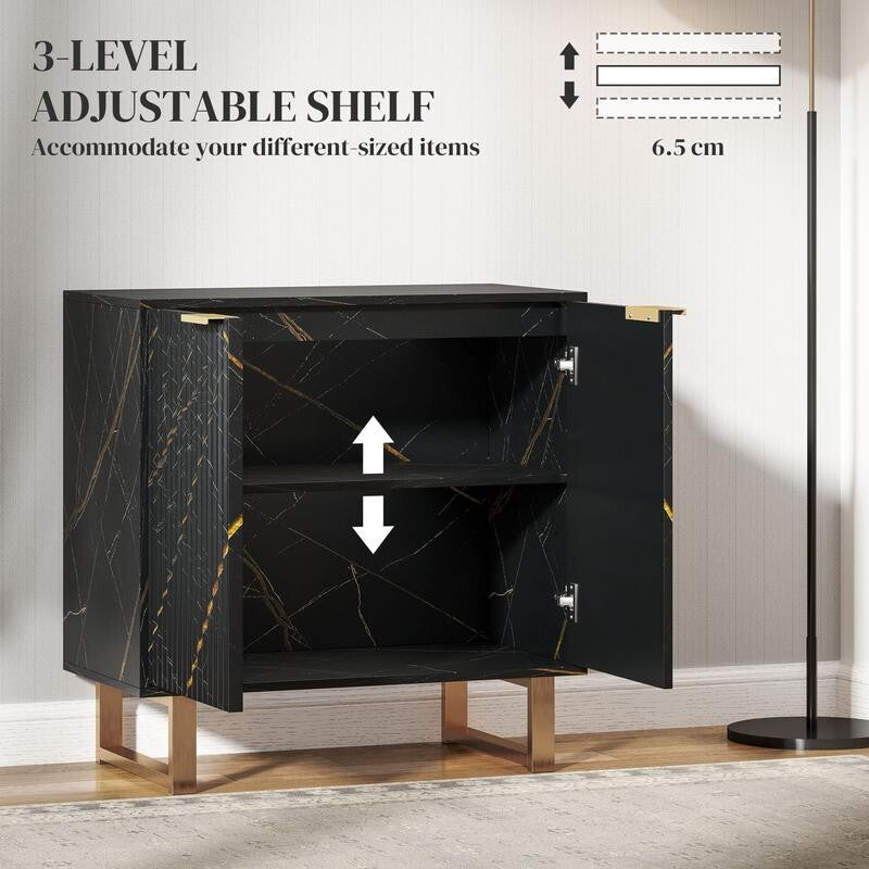 Black Marble Sideboard Cabinet 2 Door Storage Unit Gold Legs Modern Buffet