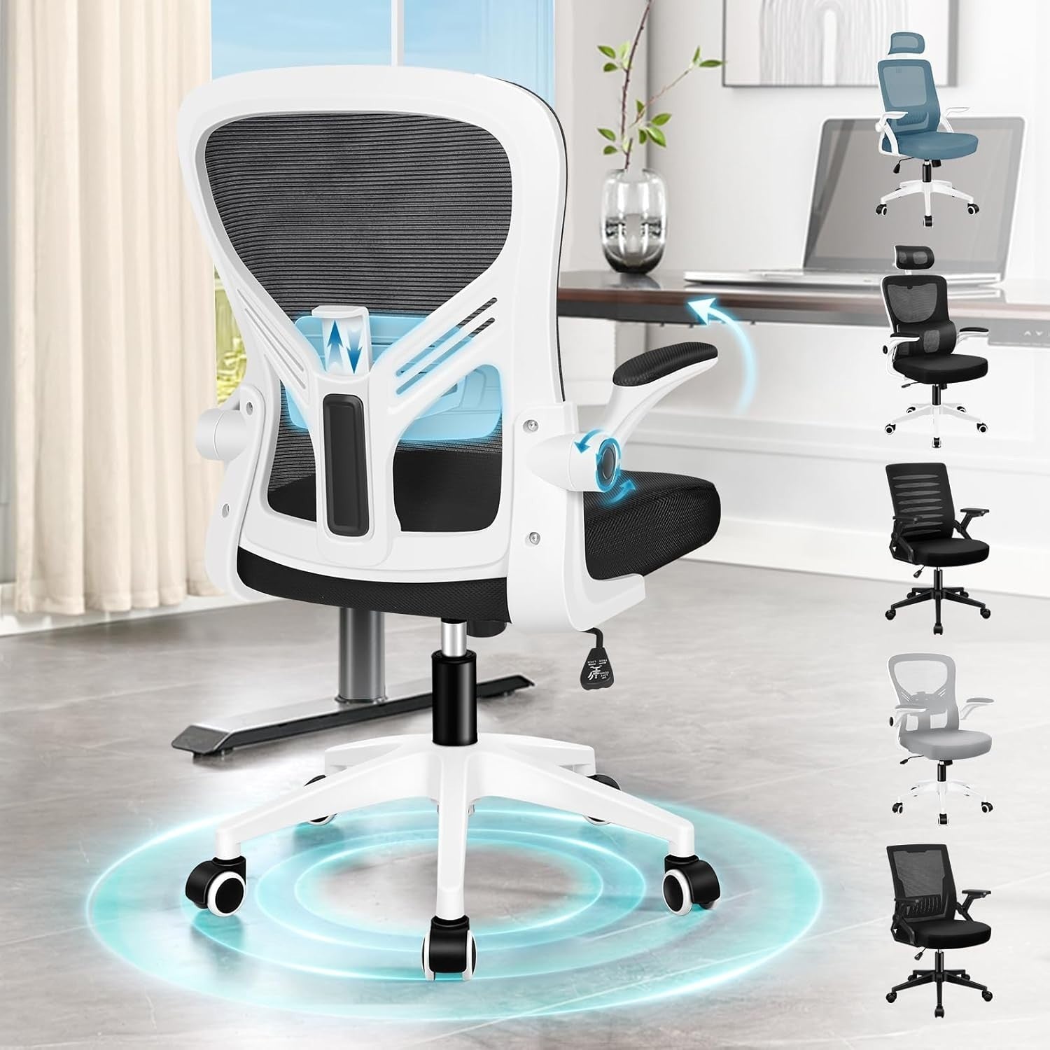 Ergonomic Office Chair Desk Computer Seat Mesh Back Flip Arms White & Black