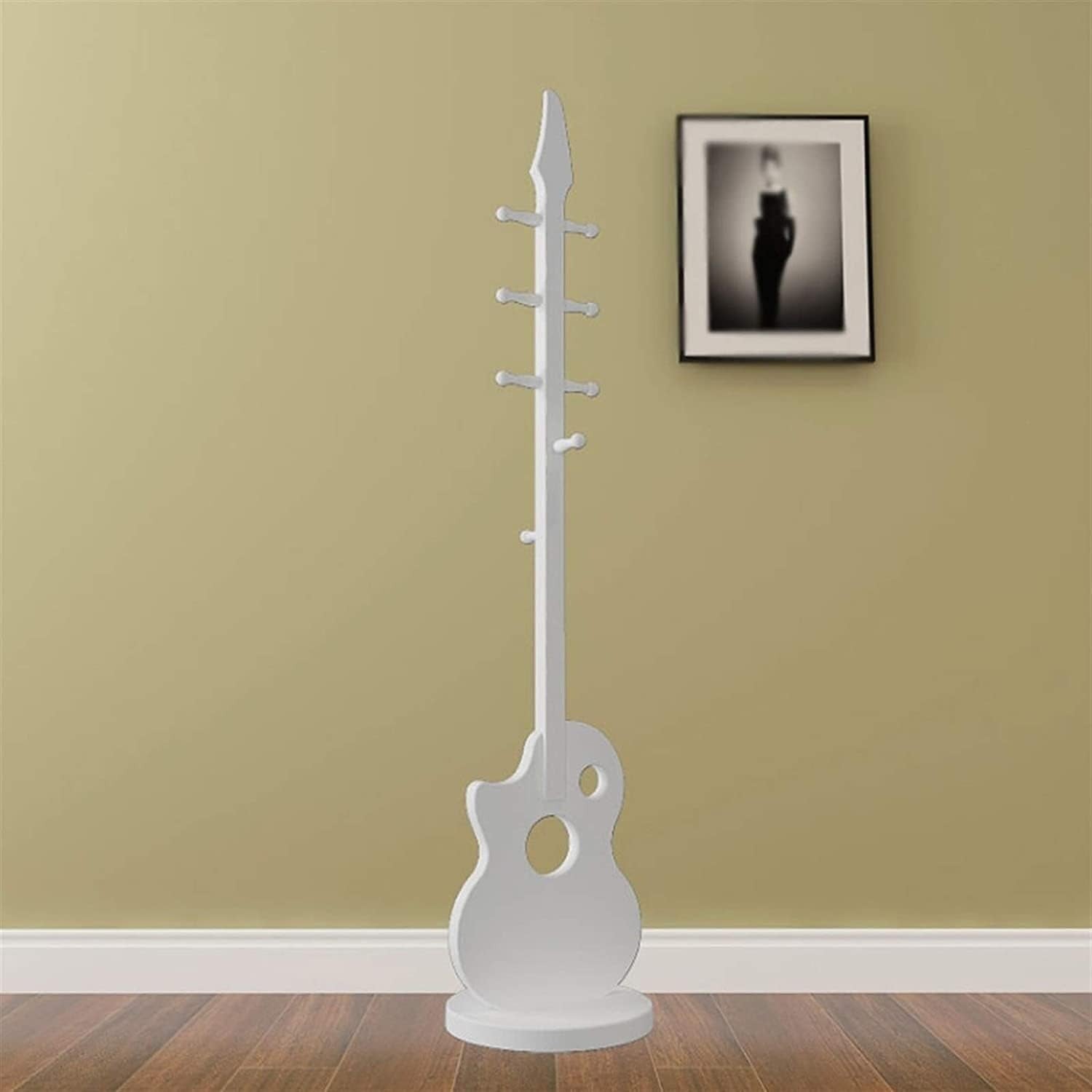 White Guitar Shape Wooden Coat Rack 8 Hooks Modern Freestanding Hall Tree