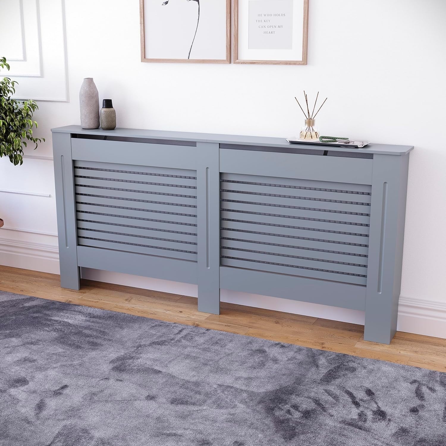 Extra Large Grey Radiator Cover 162x80x16cm Modern MDF Slatted Heating Cabinet