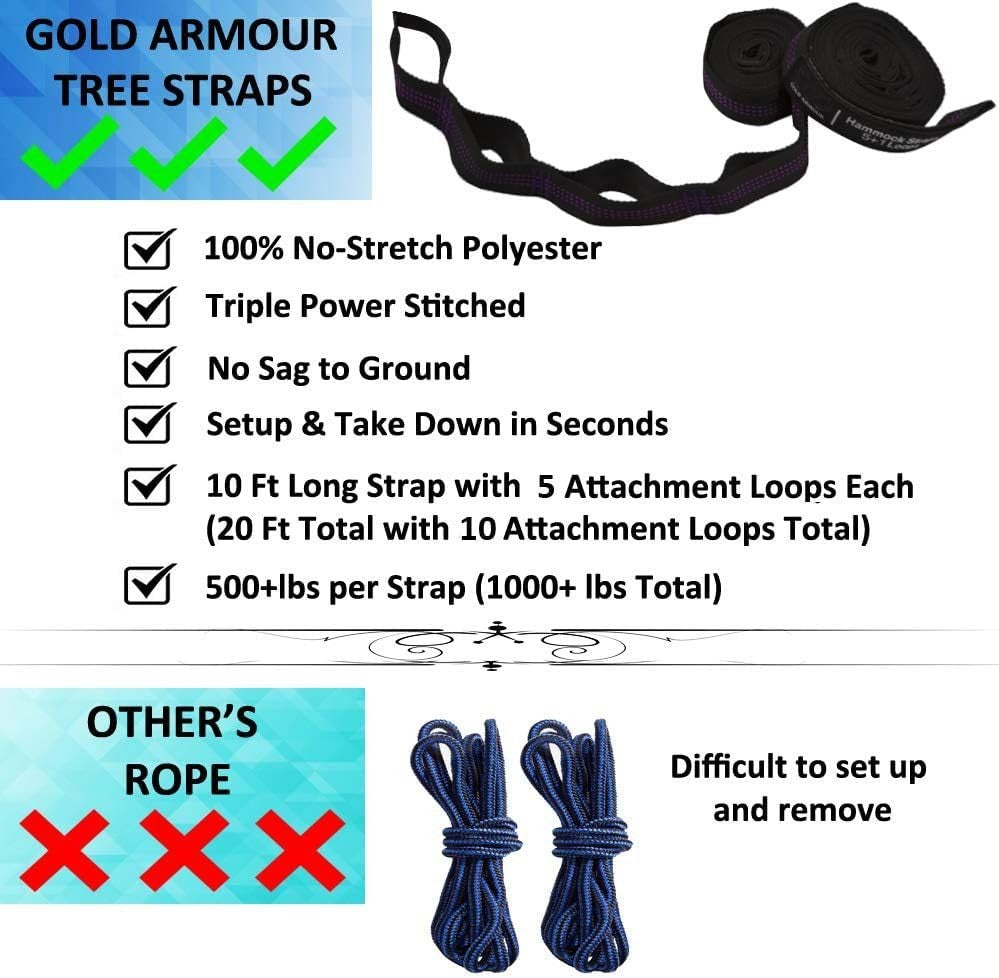 Ultra-Light Camping Hammock 500lb Capacity w Tree Straps Black,gold,purple