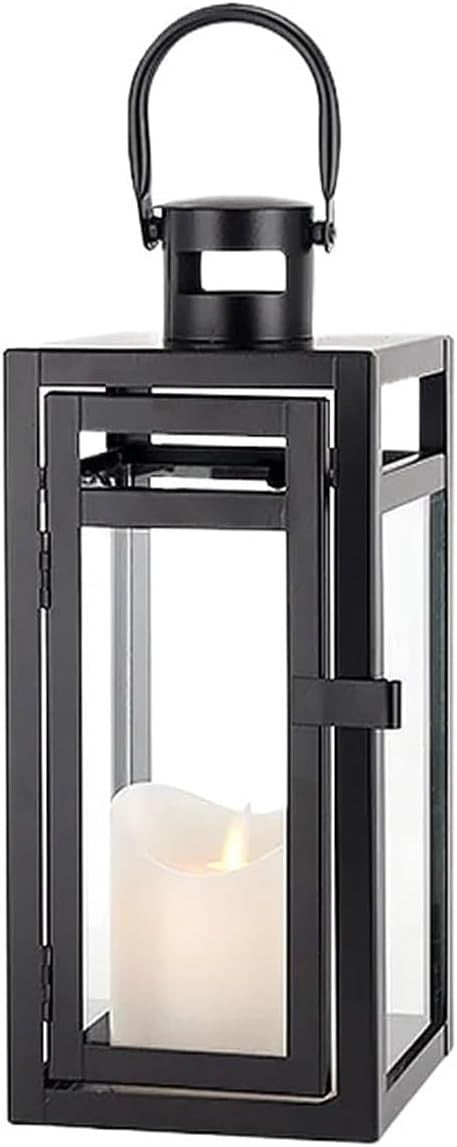 Decorative Black Metal Lantern Candle Holder with Glass for Indoor Outdoor