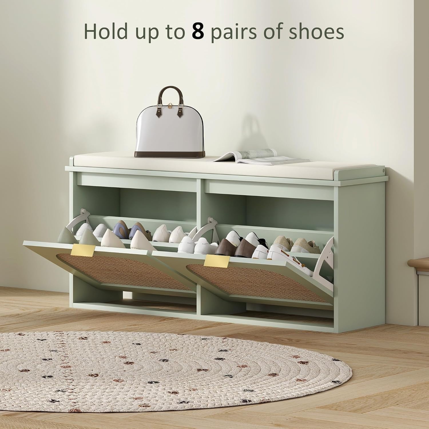 Compact Boho Shoe Bench with 2 Flip Drawers & Padded Seat, Holds 10 Pairs