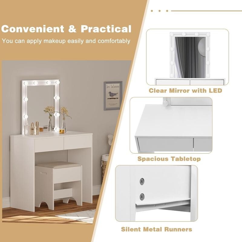 White Vanity Dressing Table with LED Mirror & Drawers for Bedroom Makeup