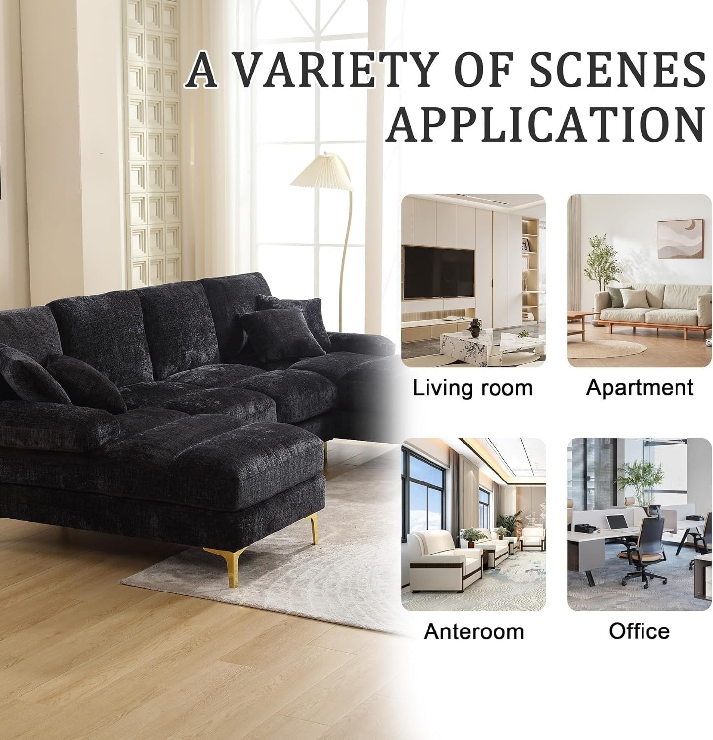 4 Seater U-Shaped Sofa Black Chenille Sectional with 2 Chaise Lounges