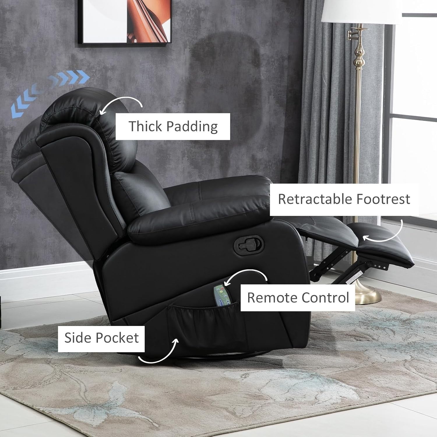 Massage Recliner Chair Heat 8-Point Swivel Rocking PU Leather Footrest Black