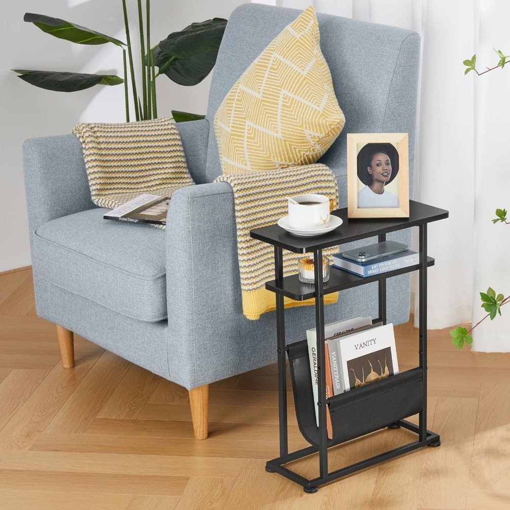 Slim Industrial Side Table with Magazine Holder & Adjustable Feet for Small