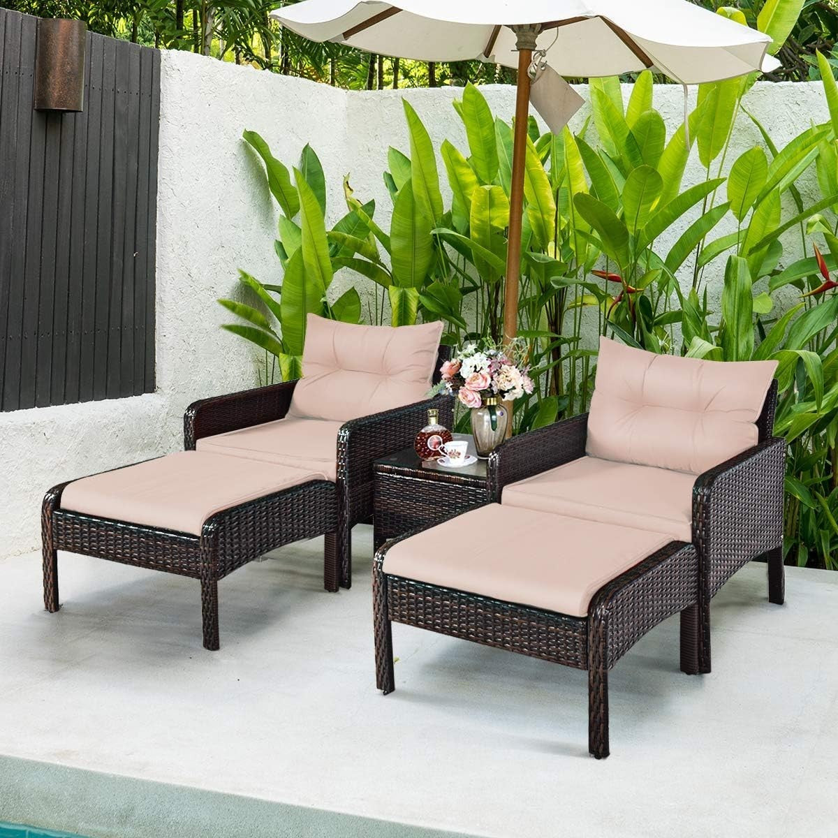 Outdoor Brown+Tan Rattan Garden Furniture Set 4-Seater Cushioned Sofa Set
