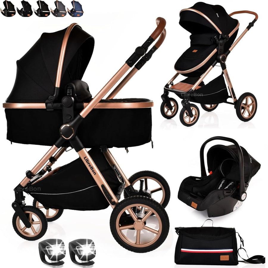 3 in 1 Baby Travel System Pram Pushchair Foldable Lightweight Stroller Black