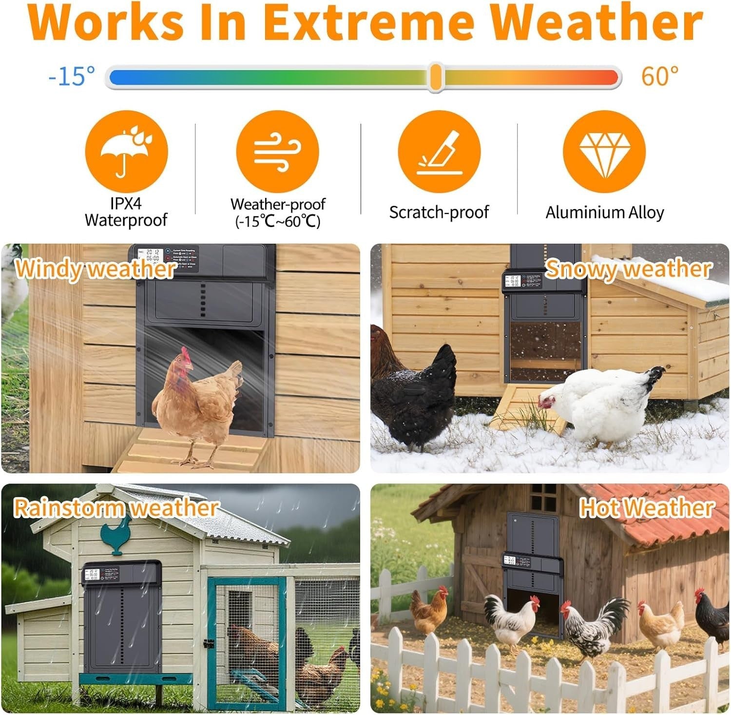 Automatic Chicken Coop Door Battery Powered Timer LCD Anti Pinch Waterproof