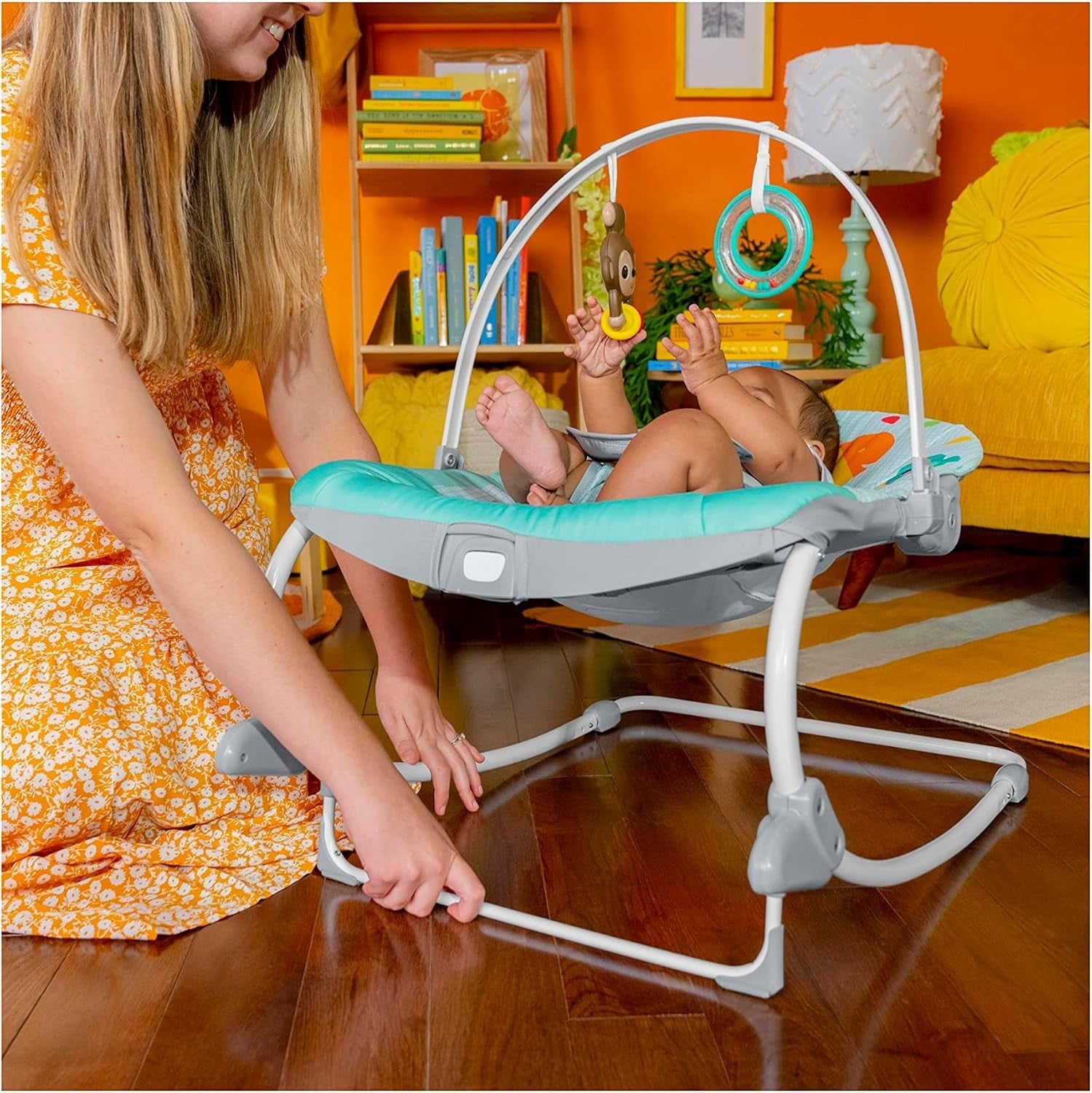 Compact Baby Swing Rocker Vibration Recline Toy Bar Seat Toddler Green