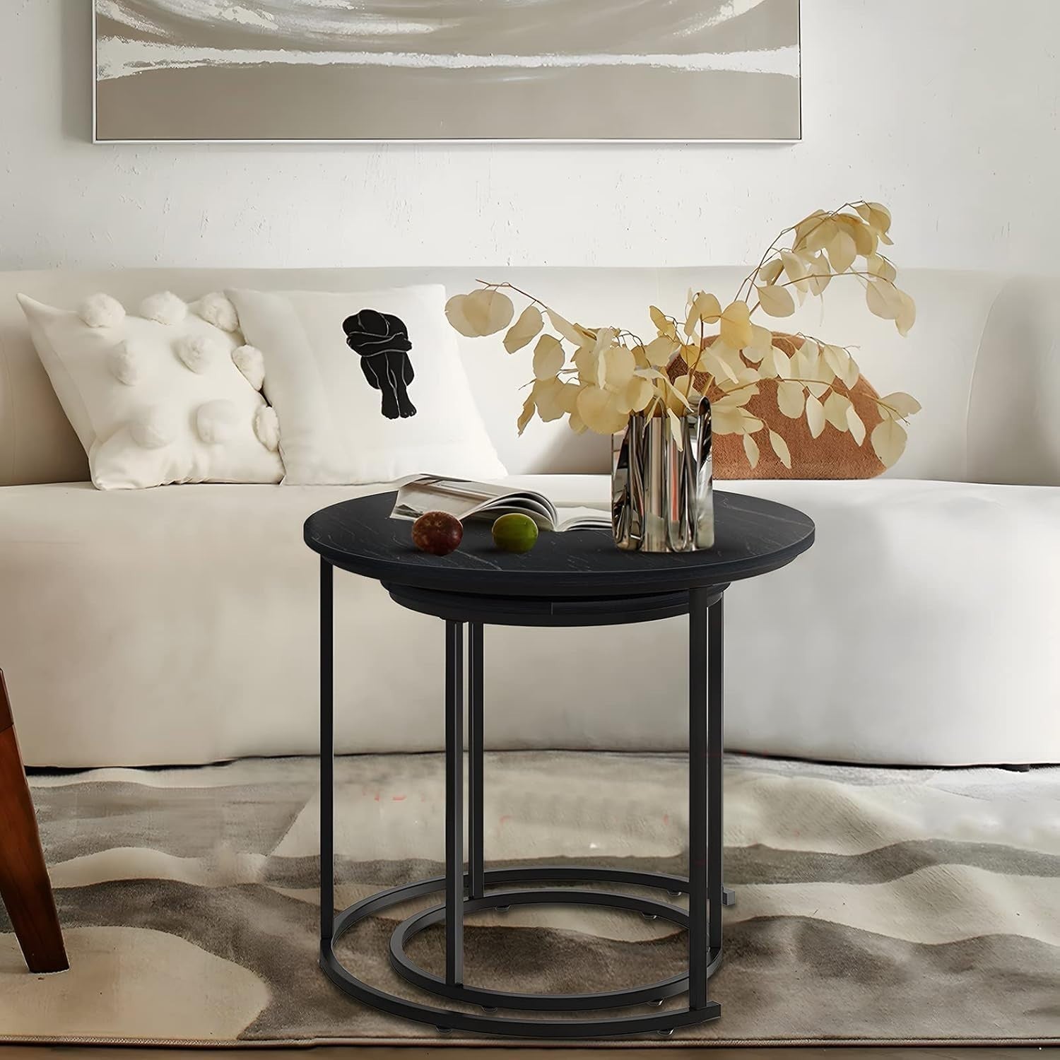 Nesting Coffee Table Set of 2 Round Faux Marble End Side Table for Living Room
