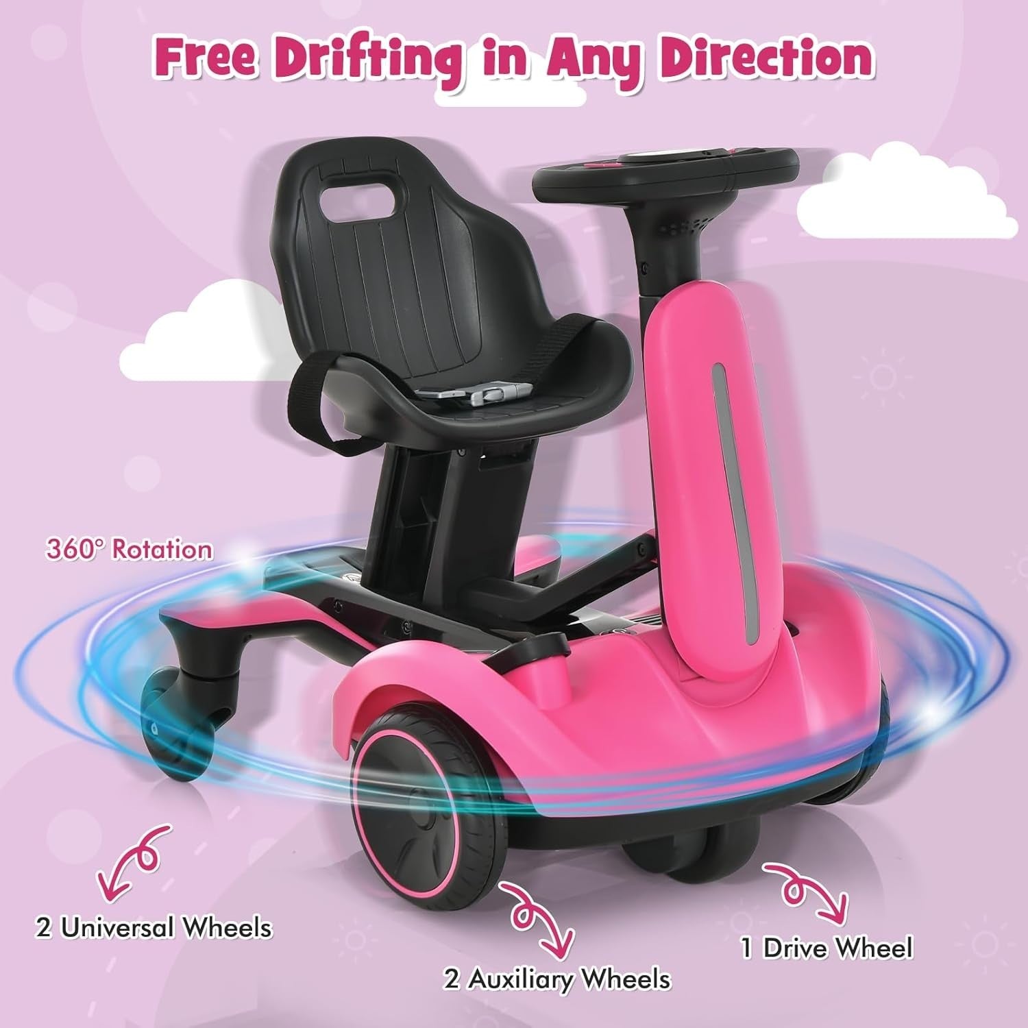 Kids Electric Drift Go Kart 6V Ride On Car 360 Spin Adjustable Seat Pink