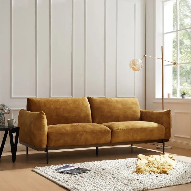 3 Seater Gold Velvet Sofa Distressed Fabric Plush Cushions Modern Legs