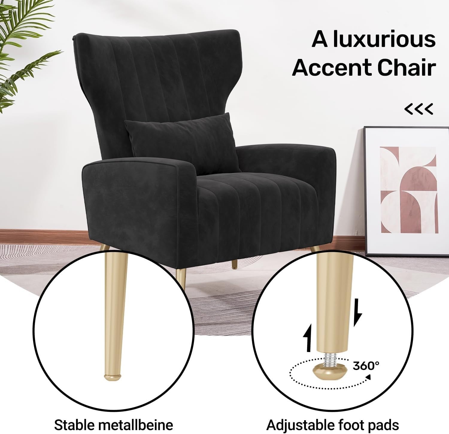 2x Black Velvet Recliner Armchairs Gold Legs Lounge Chairs Modern Set