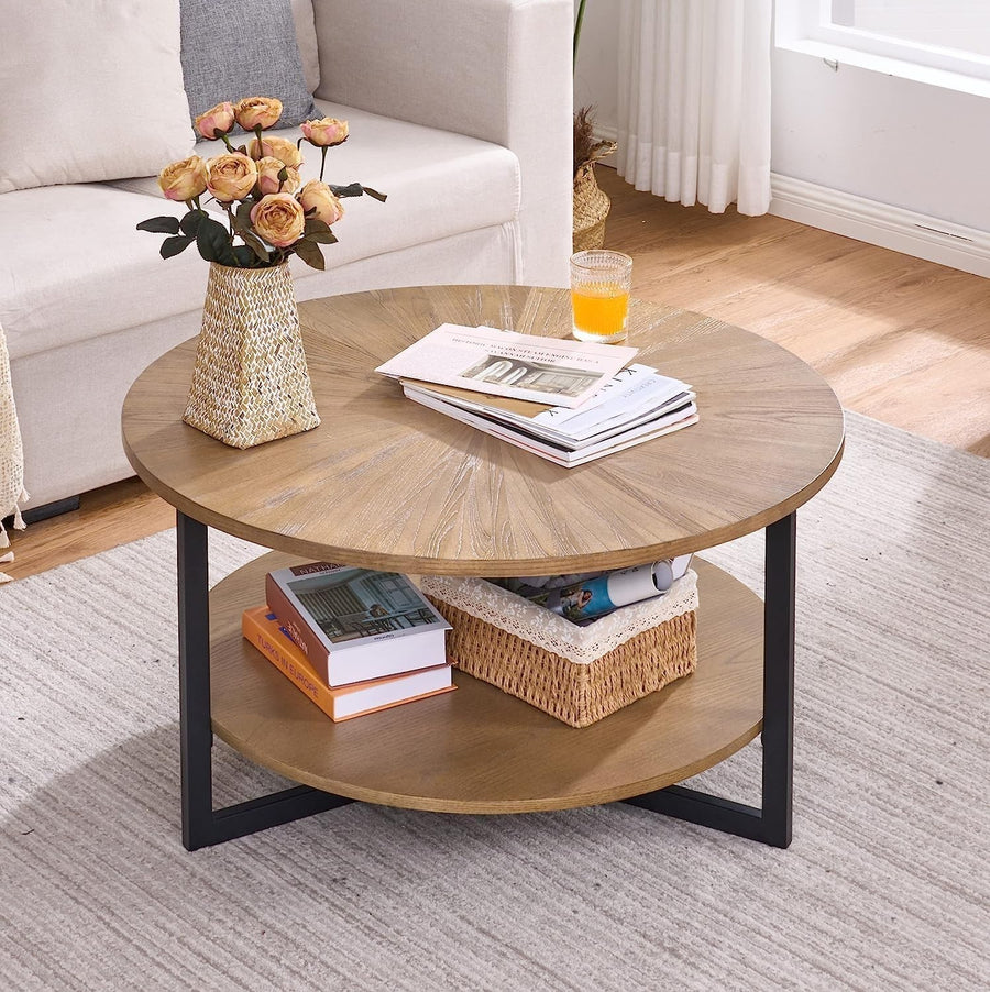 Round 2-Tier Coffee Table with Storage, Solid Wood & Metal 85x45.3cm