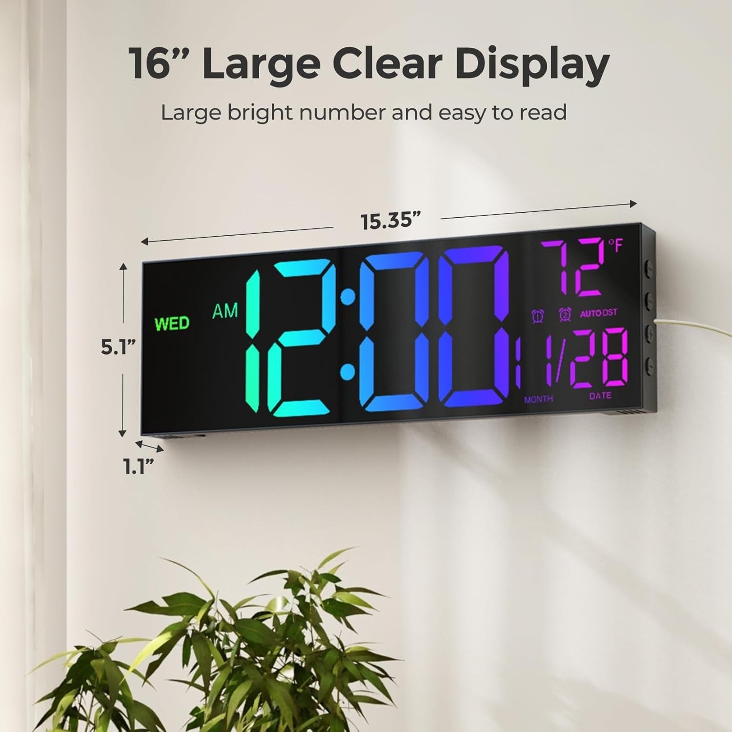 16” Large Digital Wall Clock LED Remote Control Dual Alarm Heavy Sleepers