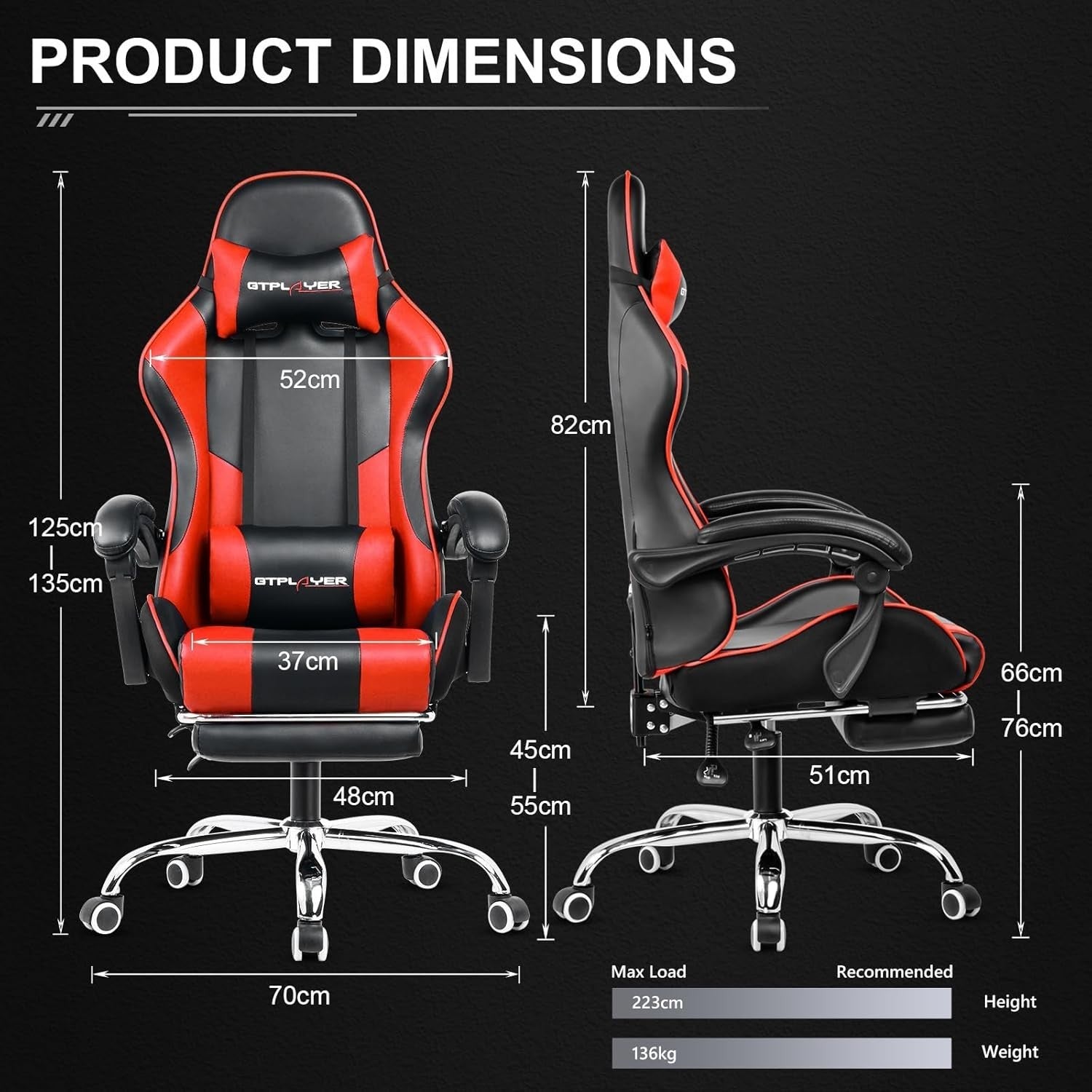 Gaming Chair Ergonomic Red Faux Leather Reclining Footrest Office PC Desk