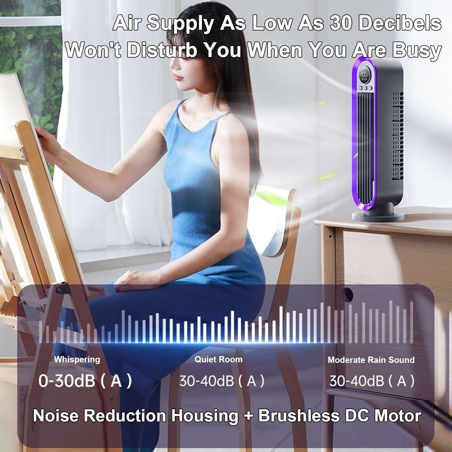 Silent Tower Fan 90° Oscillating 3-Speed Quiet Cooling LED Display Timer White