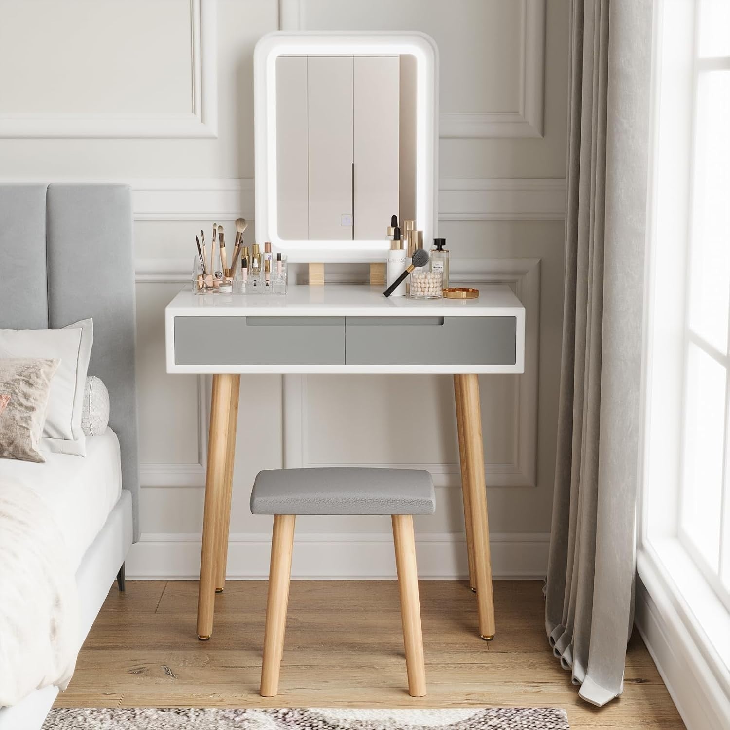 White Modern Vanity Makeup Table Set Dresser LED Lighted Mirror & Stool 2 Drawer