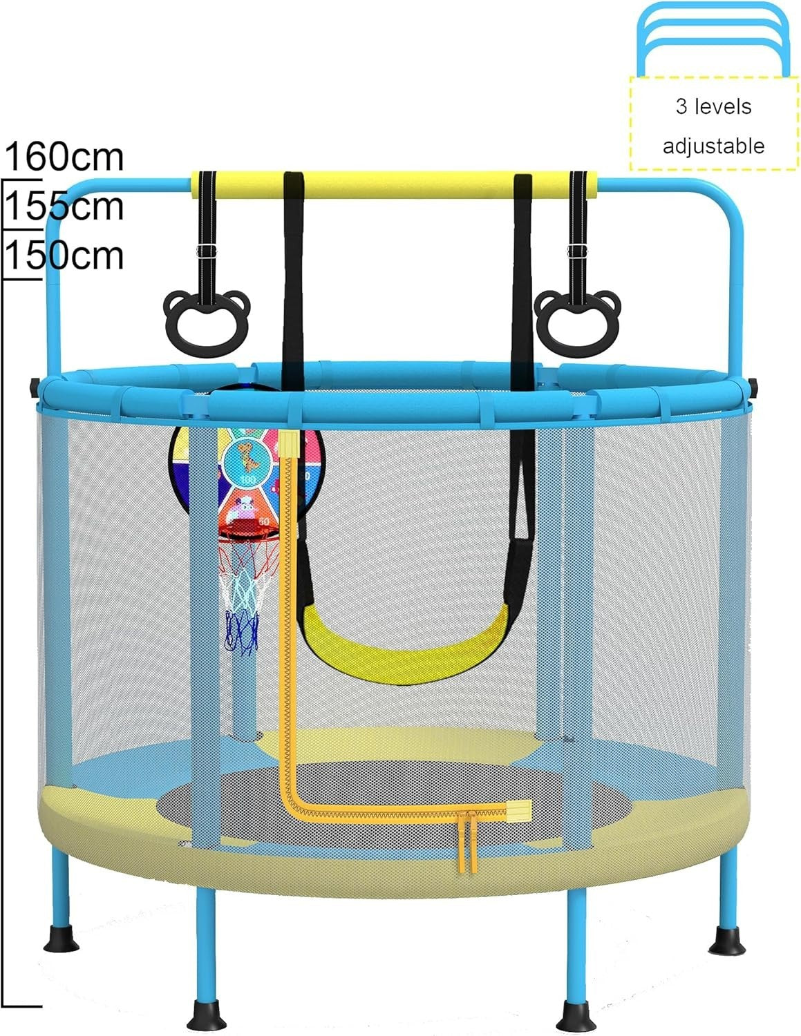 4-In-1 Kids Trampoline with Swing Bars Hoops Indoor Outdoor Playset