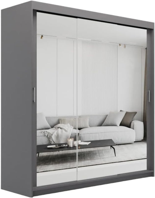 Grey Sliding Mirror Wardrobe 200cm 4 Drawers Modern Bedroom Storage
