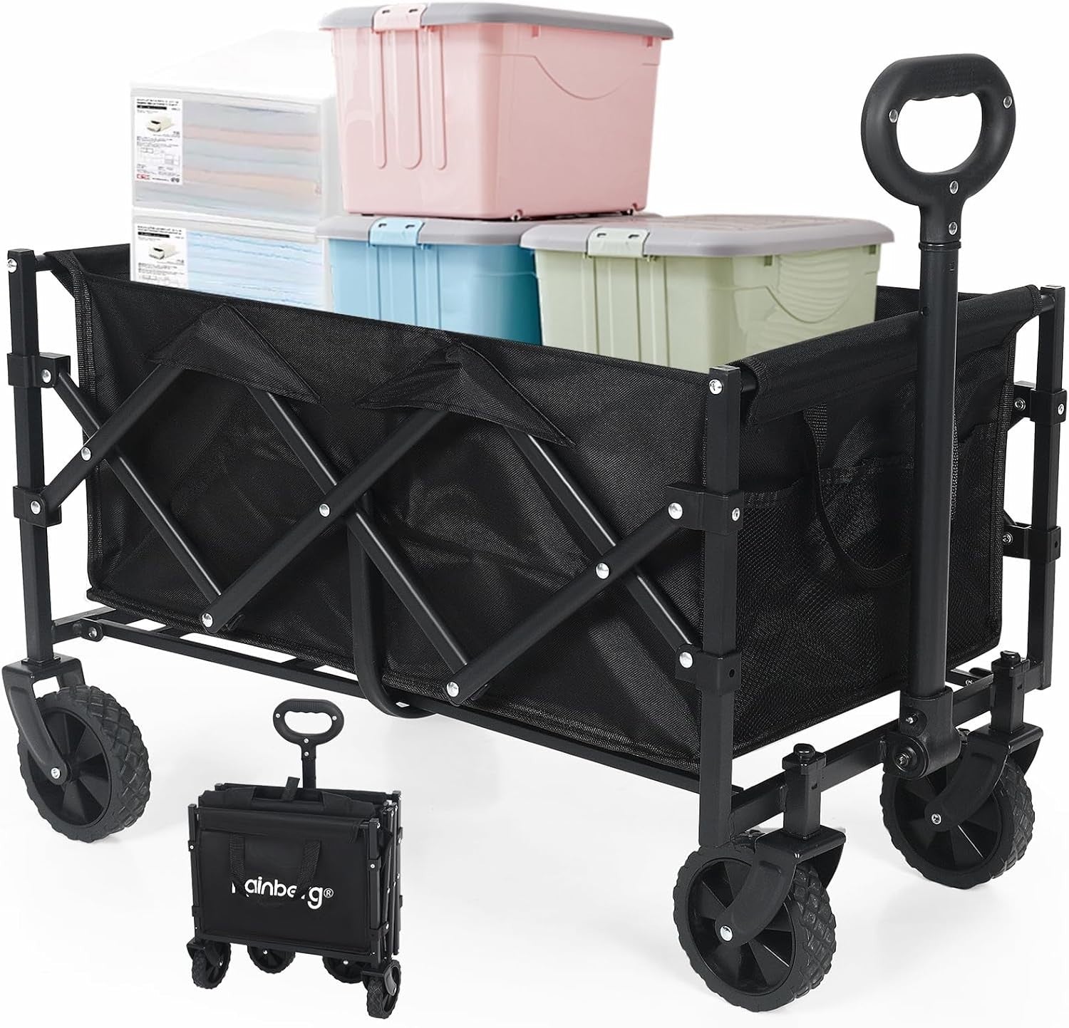 Black Folding Festival Wagon 78L Heavy Duty Garden Beach Camping Trolley 80kg