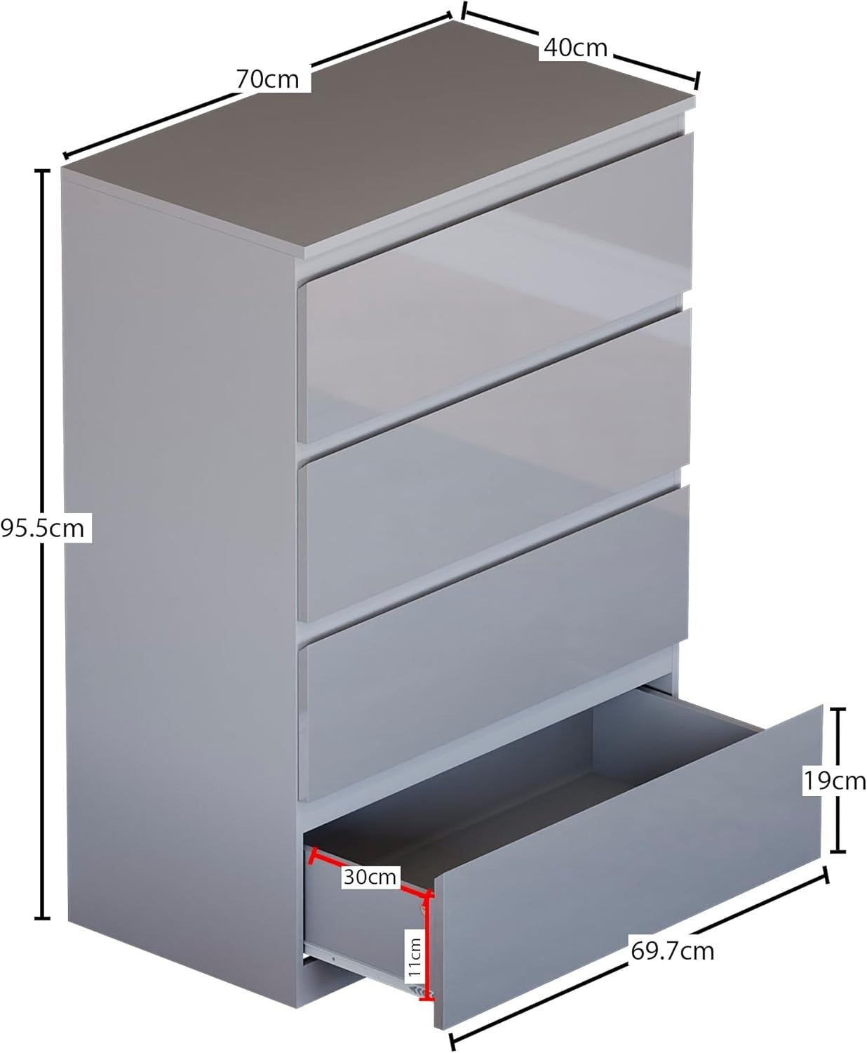 High Gloss 4 Drawer Chest for Bedroom & Hallway | Storage Cabinet Organizer